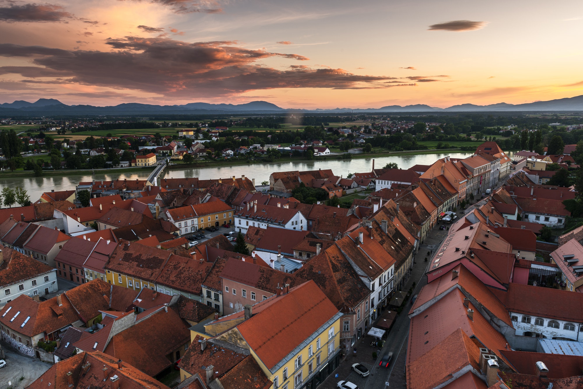 Cityscape of Ptuj in Slovenia at Sunset. River Drava and Roofs in Slovenia